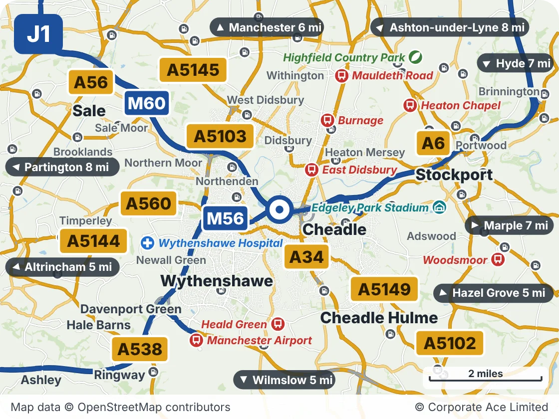 Map of the area within about 5 miles of M56 Junction 1 (Kingsway Interchange), showing the towns, villages, roads and places to visit