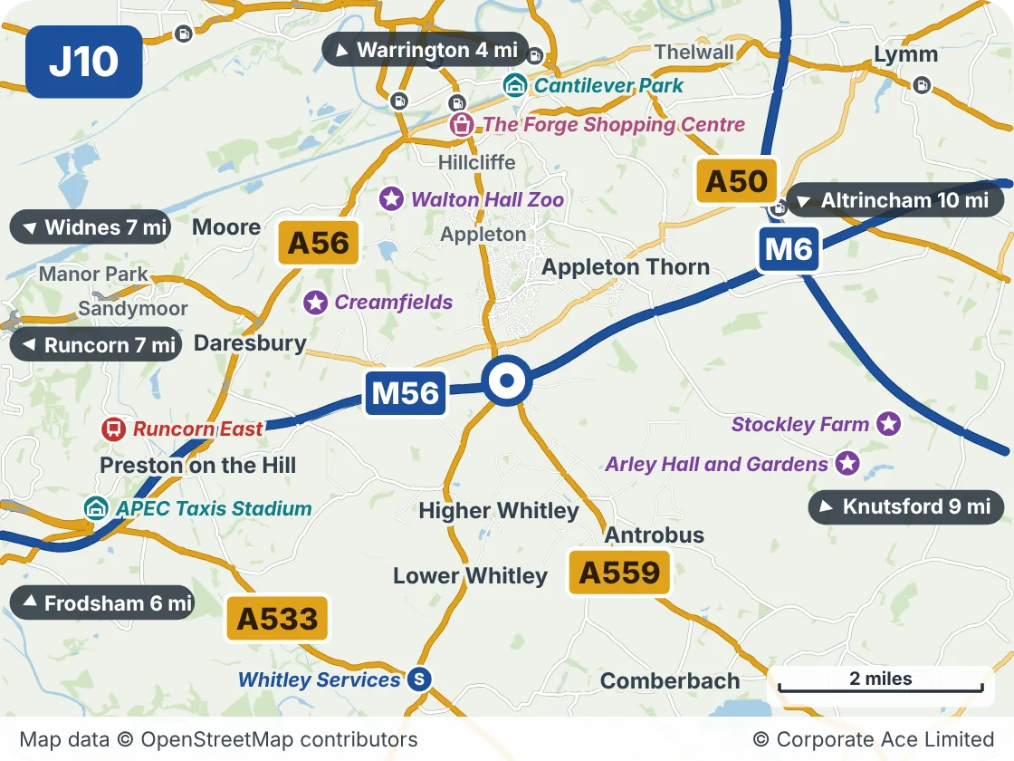 Map of the area within about 5 miles of M56 Junction 10 (Stretton Roundabout), showing the towns, villages, roads and places to visit