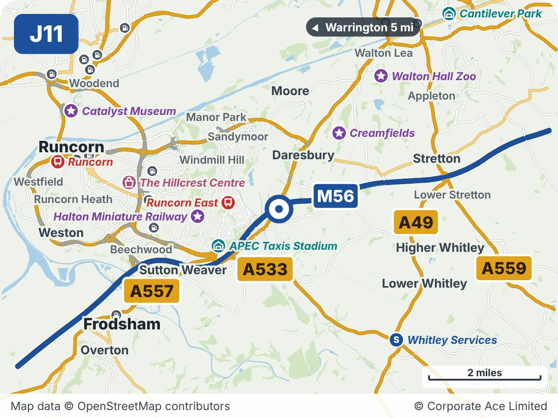 Map of the area within about 5 miles of M56 Junction 11 (Preston Brook Interchange), showing the towns, villages, roads and places to visit