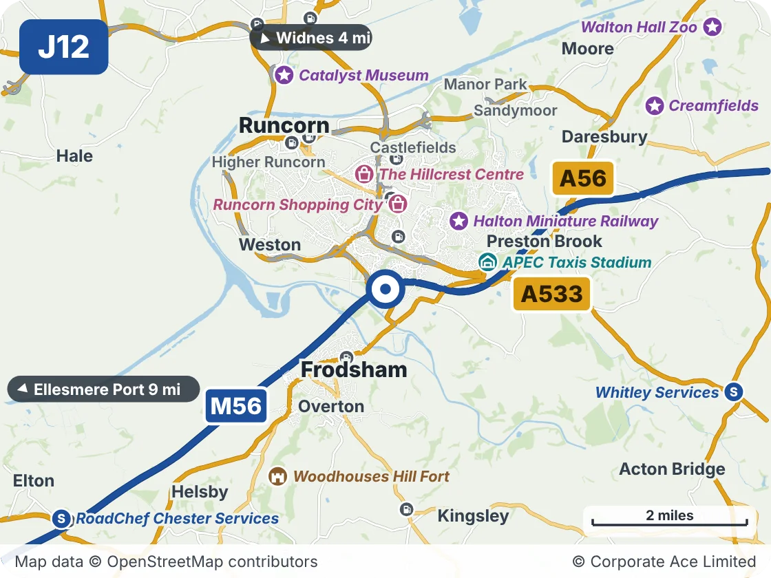 Map of the area within about 5 miles of M56 Junction 12 (Rocksavage Roundabout), showing the towns, villages, roads and places to visit
