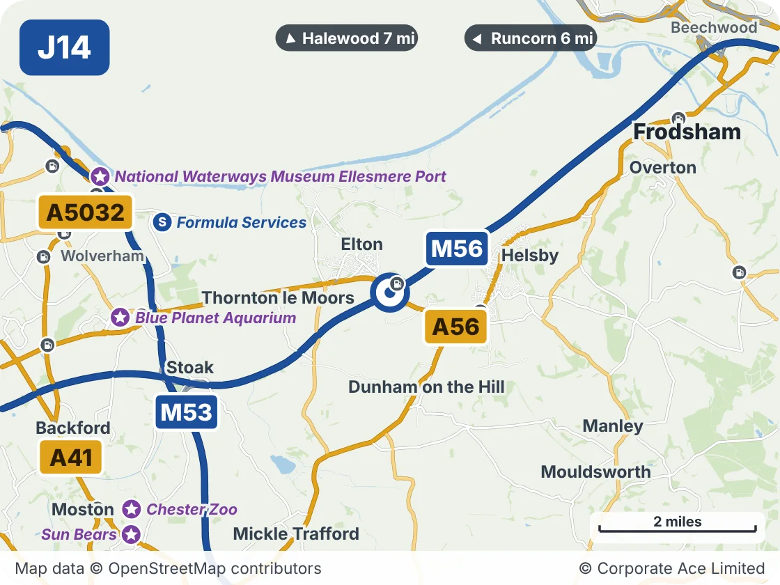 Map of the area within about 5 miles of M56 Junction 14 (Hapsford Interchange), showing the towns, villages, roads and places to visit