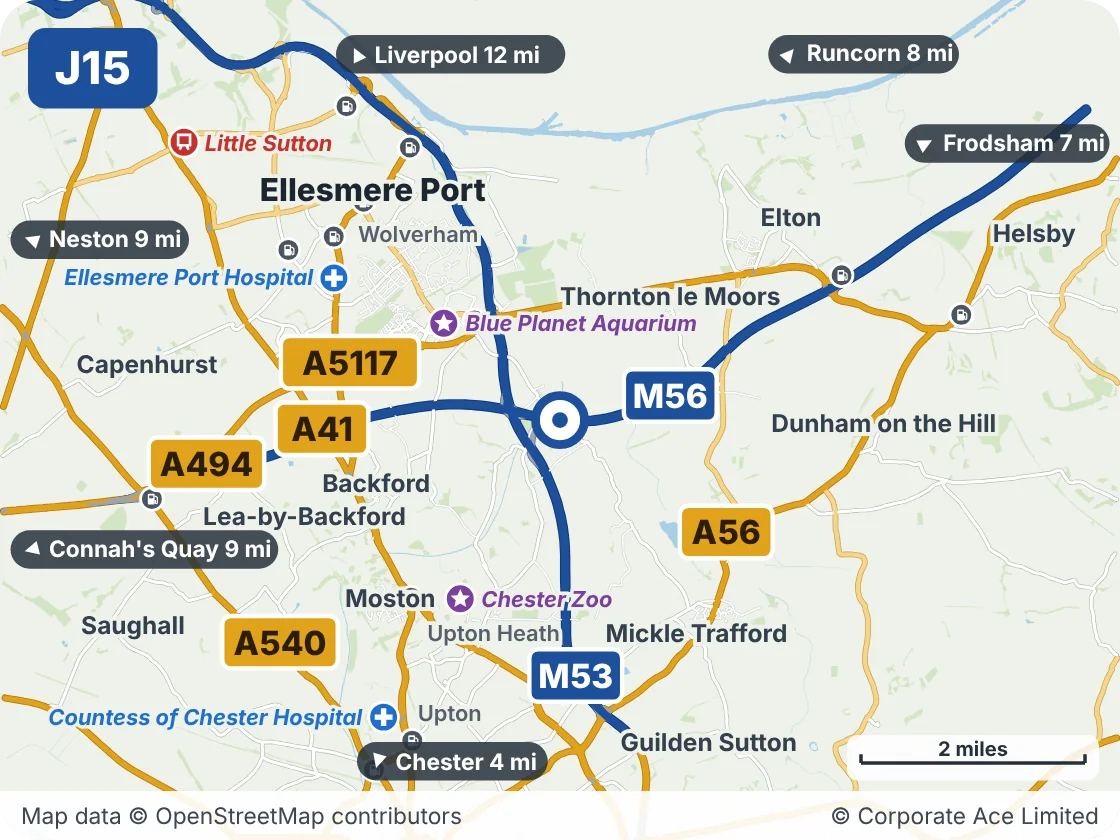 Map of the area within about 5 miles of M56 Junction 15 (Stoak Interchange), showing the towns, villages, roads and places to visit