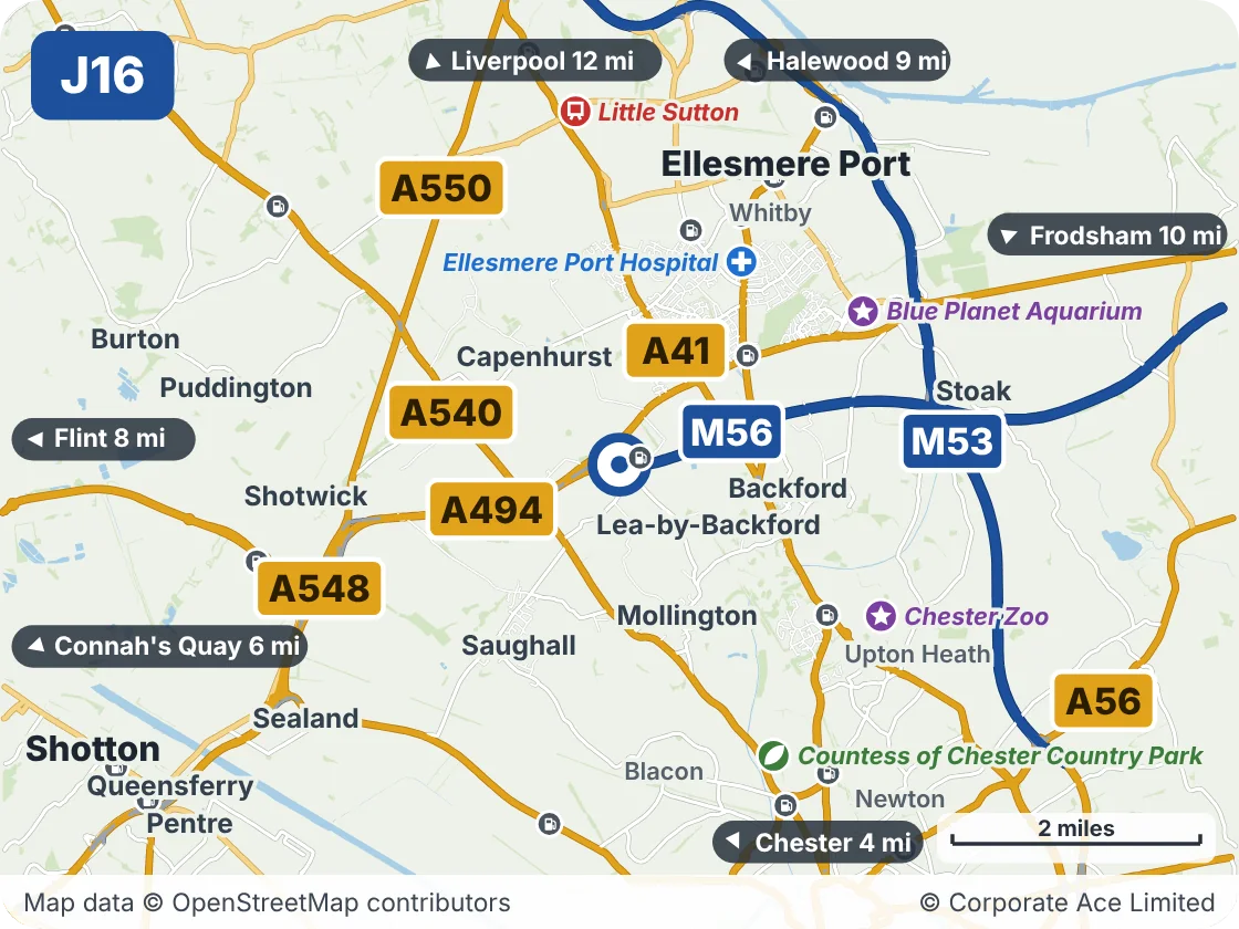 Map of the area within about 5 miles of M56 Junction 16, showing the towns, villages, roads and places to visit