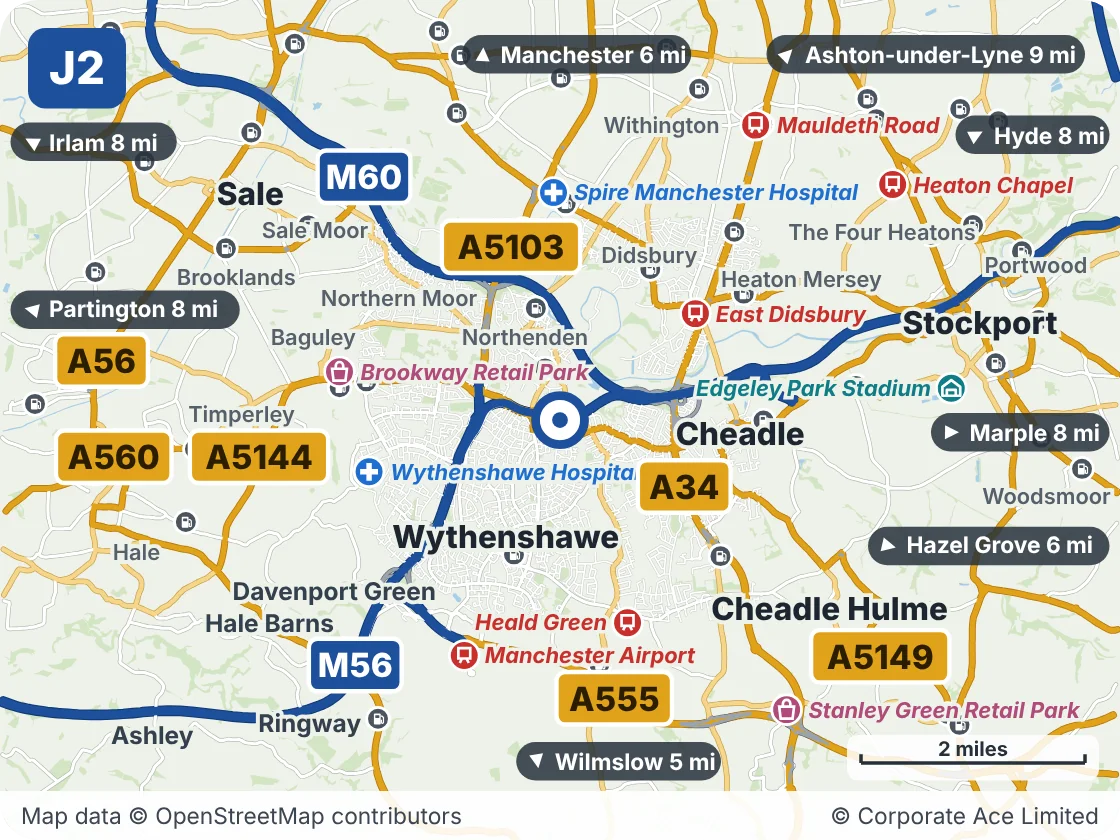 Map of the area within about 5 miles of M56 Junction 2 (Sharston Interchange), showing the towns, villages, roads and places to visit
