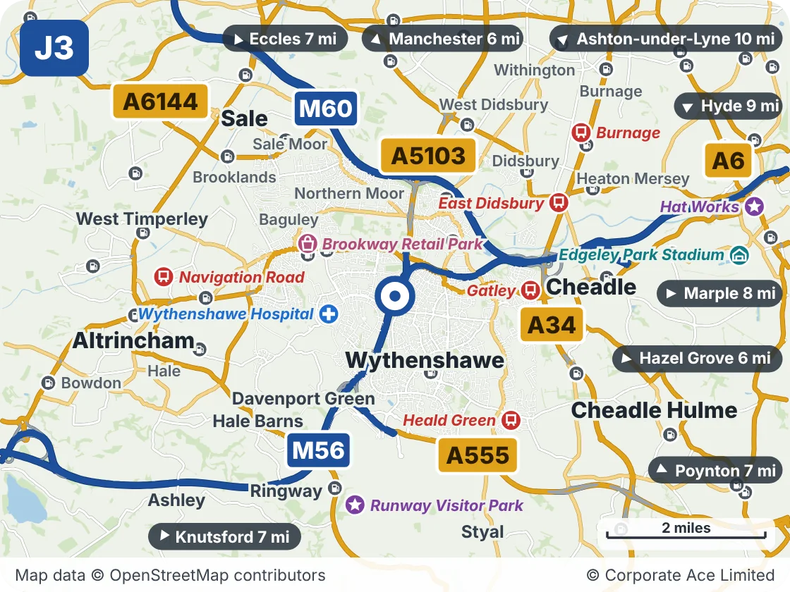 Map of the area within about 5 miles of M56 Junction 3, showing the towns, villages, roads and places to visit
