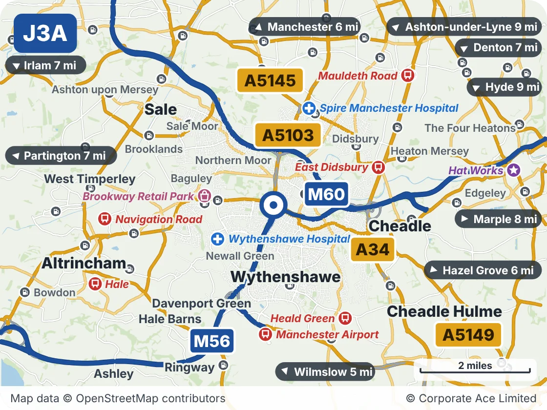 Map of the area within about 5 miles of M56 Junction 3A, showing the towns, villages, roads and places to visit