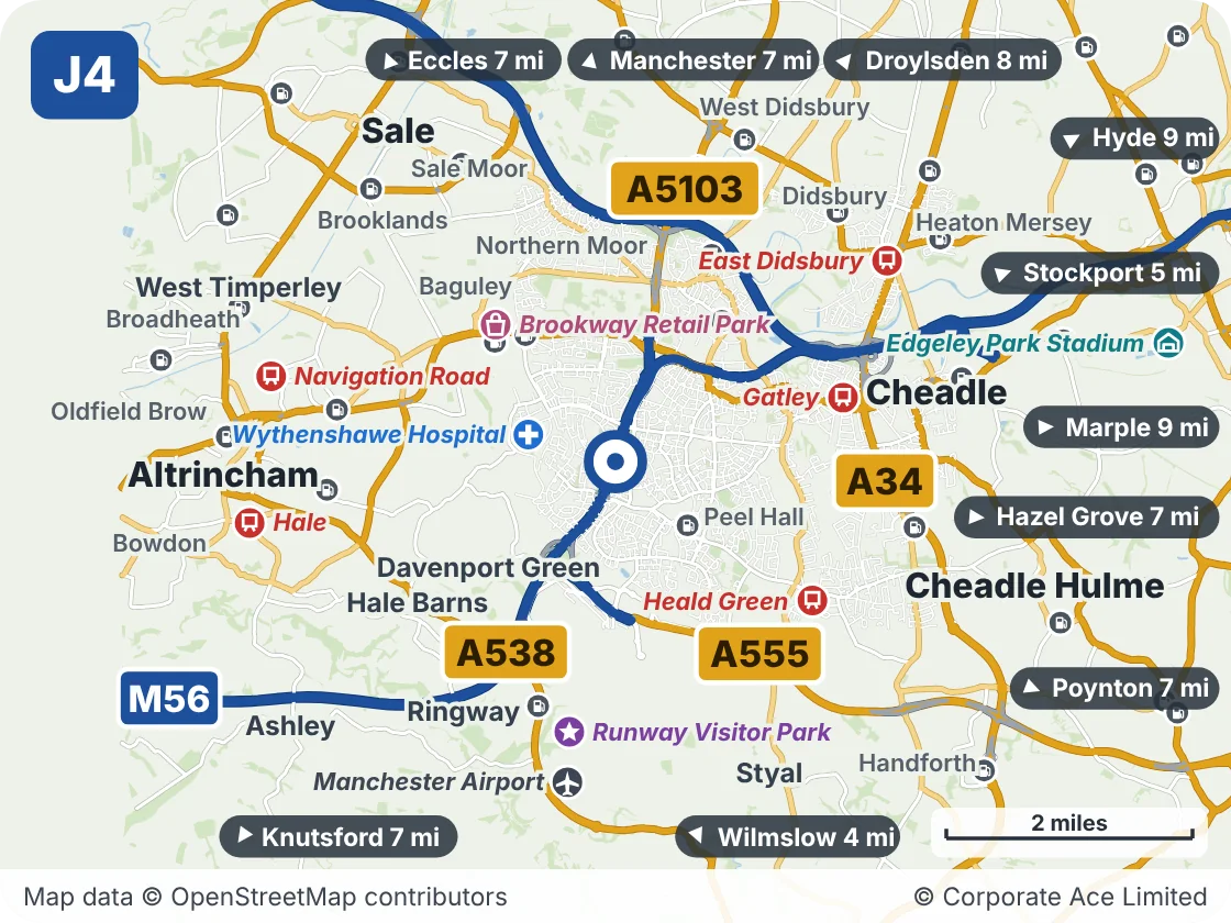 Map of the area within about 5 miles of M56 Junction 4 (Wythenshawe), showing the towns, villages, roads and places to visit