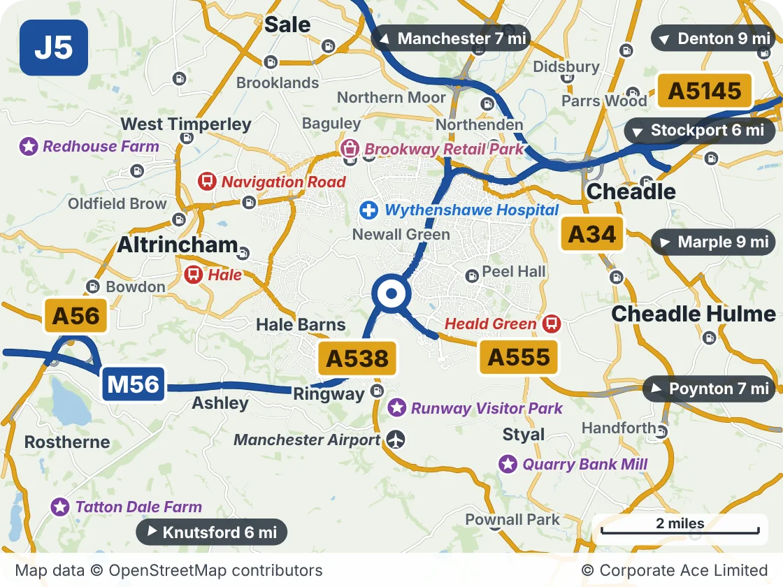 Map of the area within about 5 miles of M56 Junction 5 (Airport), showing the towns, villages, roads and places to visit