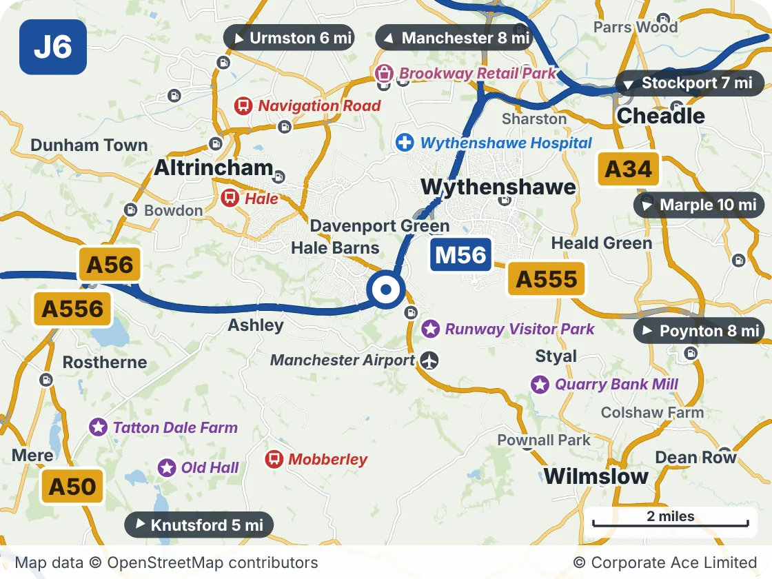 Map of the area within about 5 miles of M56 Junction 6 (Hale Four Seasons), showing the towns, villages, roads and places to visit