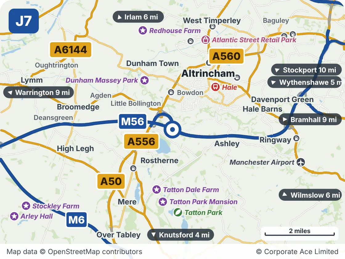 Map of the area within about 5 miles of M56 Junction 7 (Bowdon), showing the towns, villages, roads and places to visit