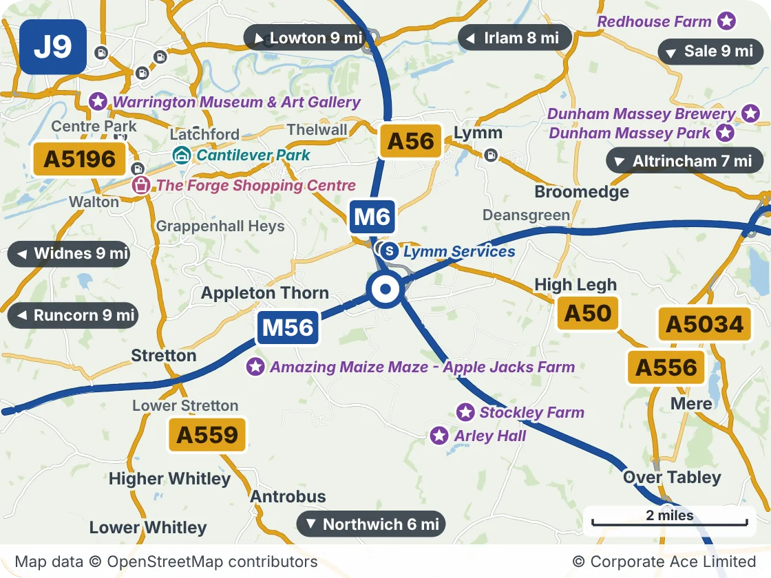 Map of the area within about 5 miles of M56 Junction 9 (Lymm Interchange), showing the towns, villages, roads and places to visit